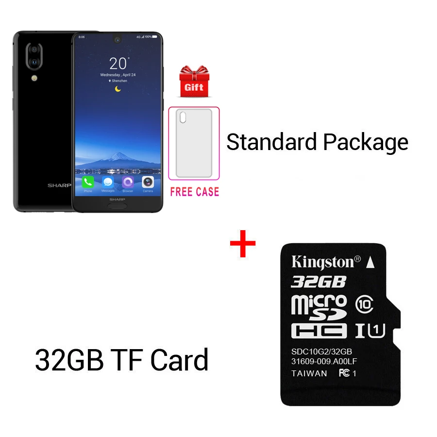 Смартфон SHARP AQUOS C10 S2 Android 8,0 4 Гб+ 64 Гб 5,5 ''FHD+ Восьмиядерный Snapdragon 630 с функцией распознавания лица NFC 12 МП 2700 мАч 4G мобильный телефон - Цвет: Black N 32GB Card
