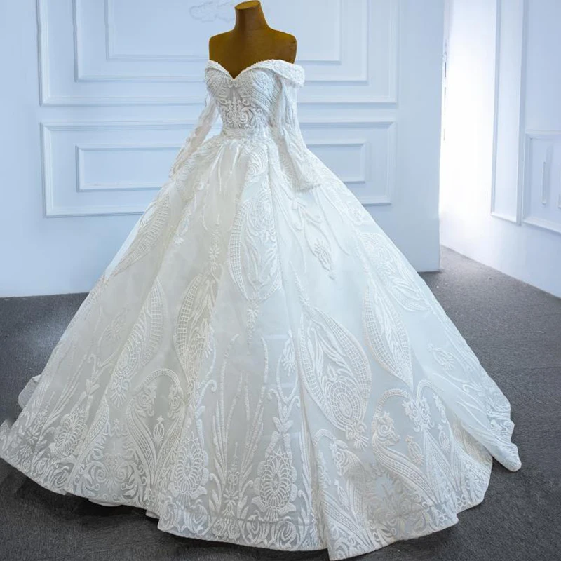 J67206 Ball-Gown Beaded Crystal Luxury Wedding Dress 2020 Long Sleeve Sweetheart Lace Up Back Off The Shoulder
