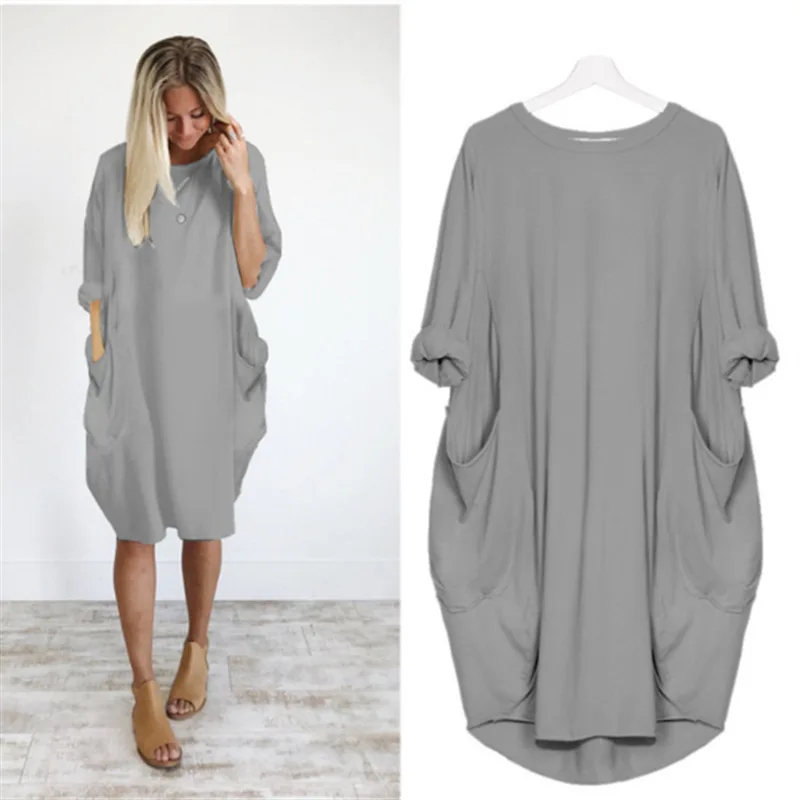 

Women's Casual Loose Pocket Long Sleeve Plus-sized Large Girl's Dress