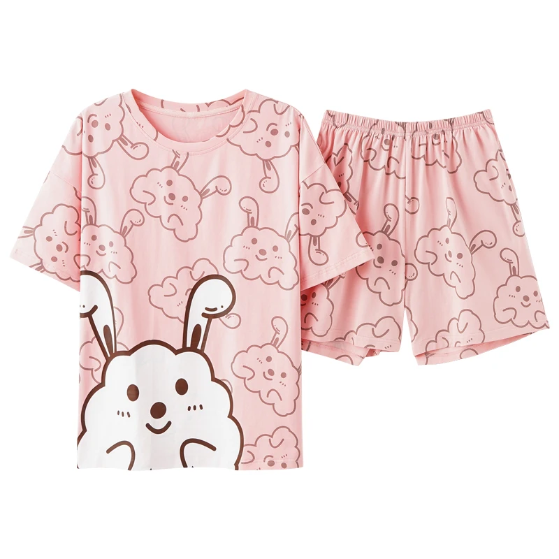 

Soft Sleepwear Summer Ourdoor Loose Homewear Pajamas Sets Women Short Sleeves Cartoon Printing Pink Kawaii Korean Style Harajuku