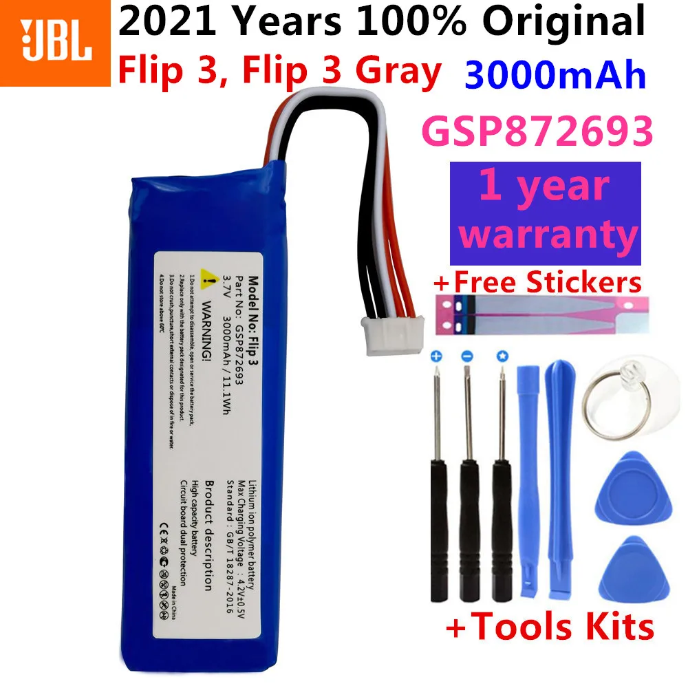 Bater&iacute;a recargable 100% Original para JBL Flip 3, 3,7 V, 3000mAh, GSP872693, Kits de herramientas grises-0
