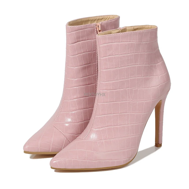Botas de lujo de Stripper para mujer, botines sexys finos de tacón alto, color rosa y azul, cálidos, con estampado de piel, zapatos puntiagudos, novedad de 2021