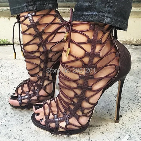 Harga Musim Panas Sepatu Hak Tinggi Sandal Wanita Gladiator Seksi Hollow Out Cross Diikat Sepatu Wanita Tali Pergelangan Kaki Stiletto Pesta Pompa