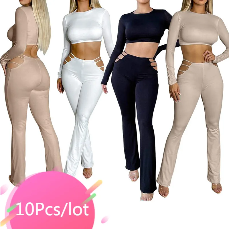 

Bulk Items Wholesale Lots Two Piece Sets Long Sleeve Crop Top Bodycon Hollow Out Pants Matching Set Women Fall Club Outfits 2021