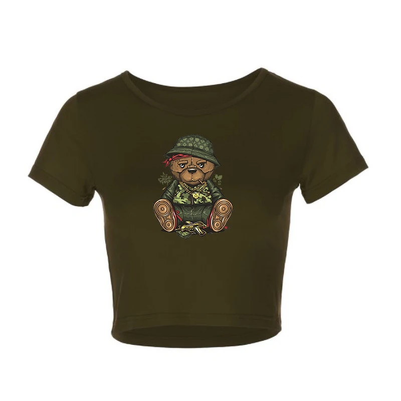 

New Ladies Print Hat Bear Crop Top Slim Short Sleeves Casual Appliques Daily Tee