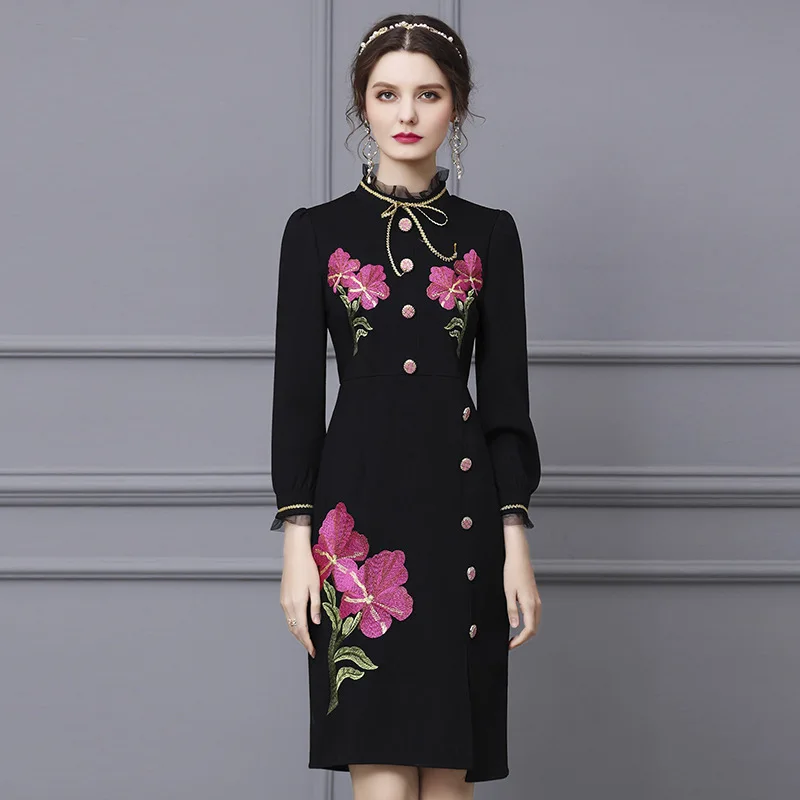 

Женское офисное платье-карандаш, Вечернее приталенное платье с цветочной вышивкой в вечерние ле ретро, весна-осень 2021