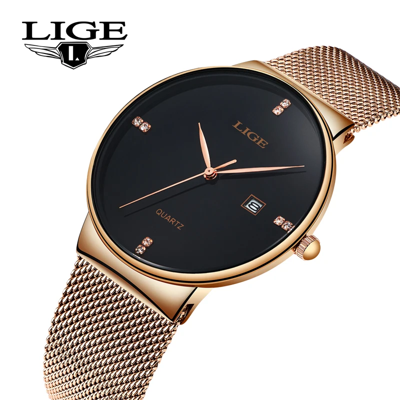 Relogio Feminino LIGE Women Watch Rose gold black Quartz Lady Casual Waterproof Simple Ladies watch Womens Wristwatch+Box | Наручные часы