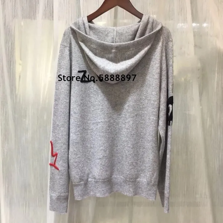 

Letters Pattern Long Sleeve Hooded Sweater Women 100% Cashmere Loose Jumper