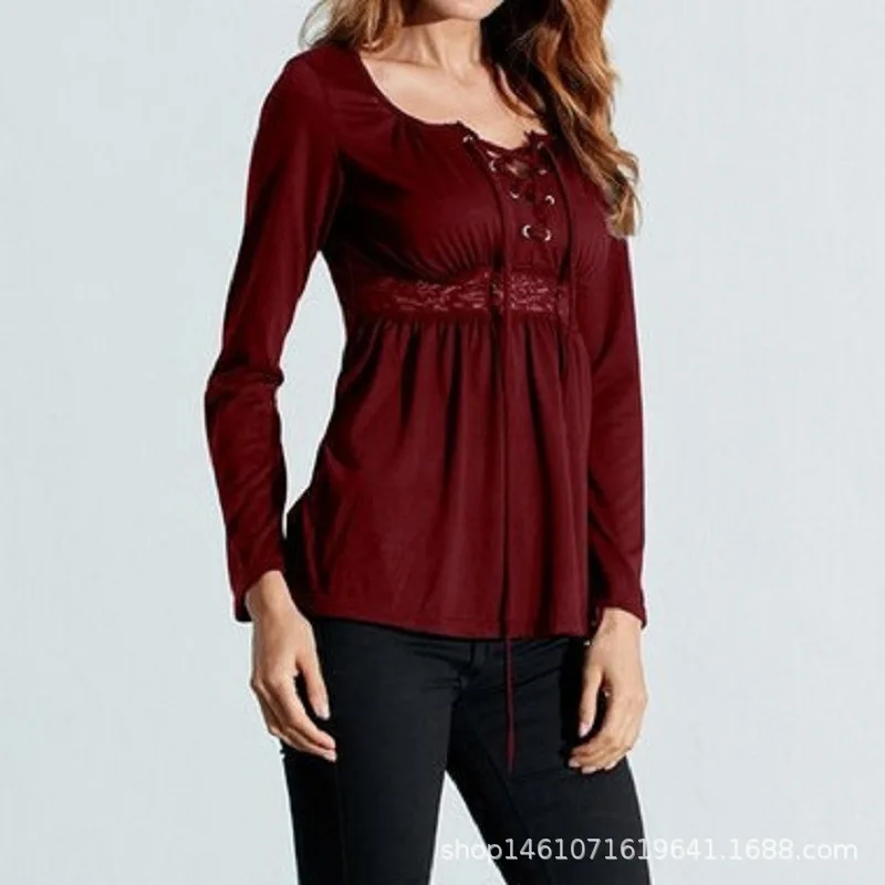 

The spring of 2022 the new cotton ladies' fashion waist belt sexy low-cut round neck long sleeve blouse
