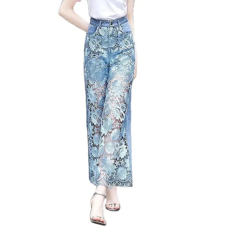 2022 New High-Waist Fashion Wide-Leg Pants women's Hollow Lace Stitching Denim Pants Loose Straight-Leg Jeans Trousers Female