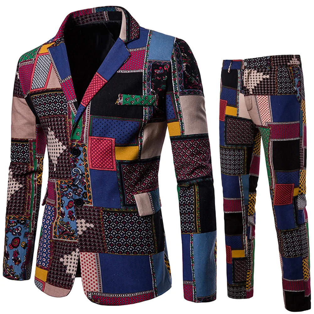 

Two Piece Suit Coat Pants Set / Male Chinese Ethnic Style Print Slim Personality Suits Jacket Trouser Large Size Blazer