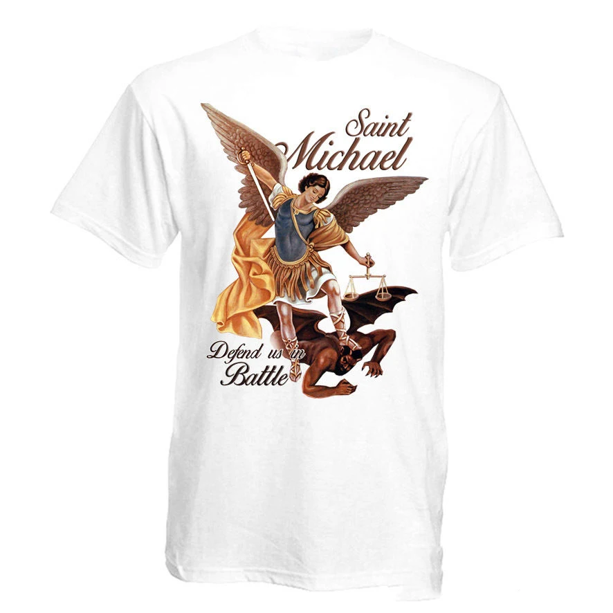 

Archangel Saint Michael Defend Us In Battle. Christian Catholic T-Shirt Summer Cotton Short Sleeve O-Neck Mens T Shirt New S-3XL