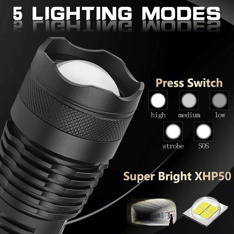 Powerful LED Tactical Flashlight CREE XHP50 USB Rechargeable Super Bright Waterproof Torch Light Zoom LED 5 Modes Lamp Outdoor