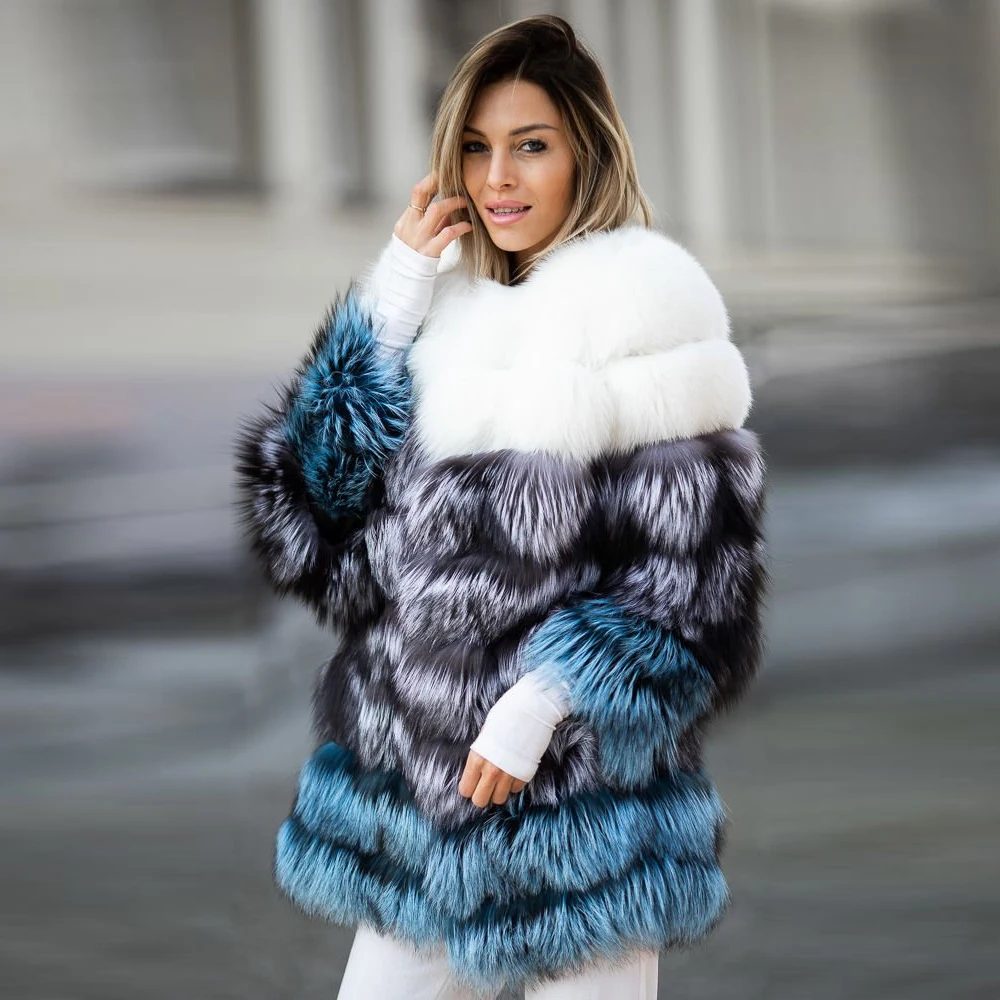 Mid-length Natural Fox Fur Jacket for Women Winter Outwear Luxury Fashion Women Real Fox Fur Coat Color Patchwork Fur Overcoats