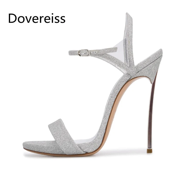 

Dovereiss Silver Sandals Fashion Women's Shoes Summer New Sexy Clear Heels Consice Elegant Narrow Band Buckle Party Shoes 34-45