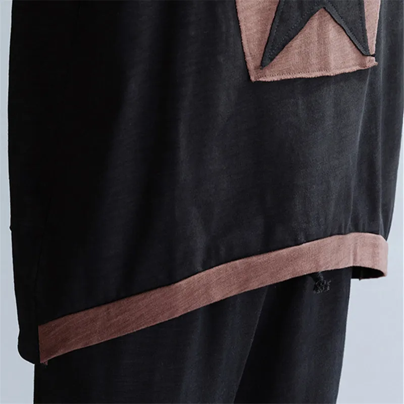 

Large Size Ladies Suit 2021 Summer New Hedging Round Neck Stitching T-Shirt Top Nine Points Harem Pants Loose Women's Clothing