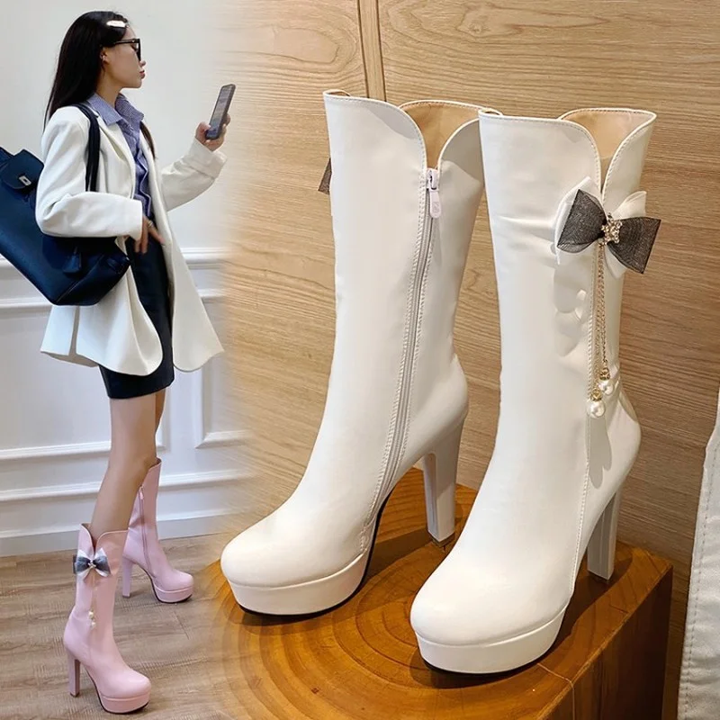 FXYCMMCQ Size 34-43 Bowknot High Heel Boots Waterproof Platform Korean Women's Shoes A-28
