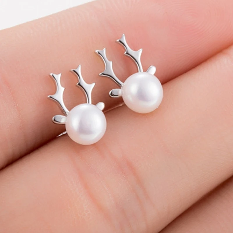 Silver Plated Piercing Pearl Cat Deer Animals Feather Stud Earrings for Women Kids Wedding Party Fashion Jewelry Accessories images - 6