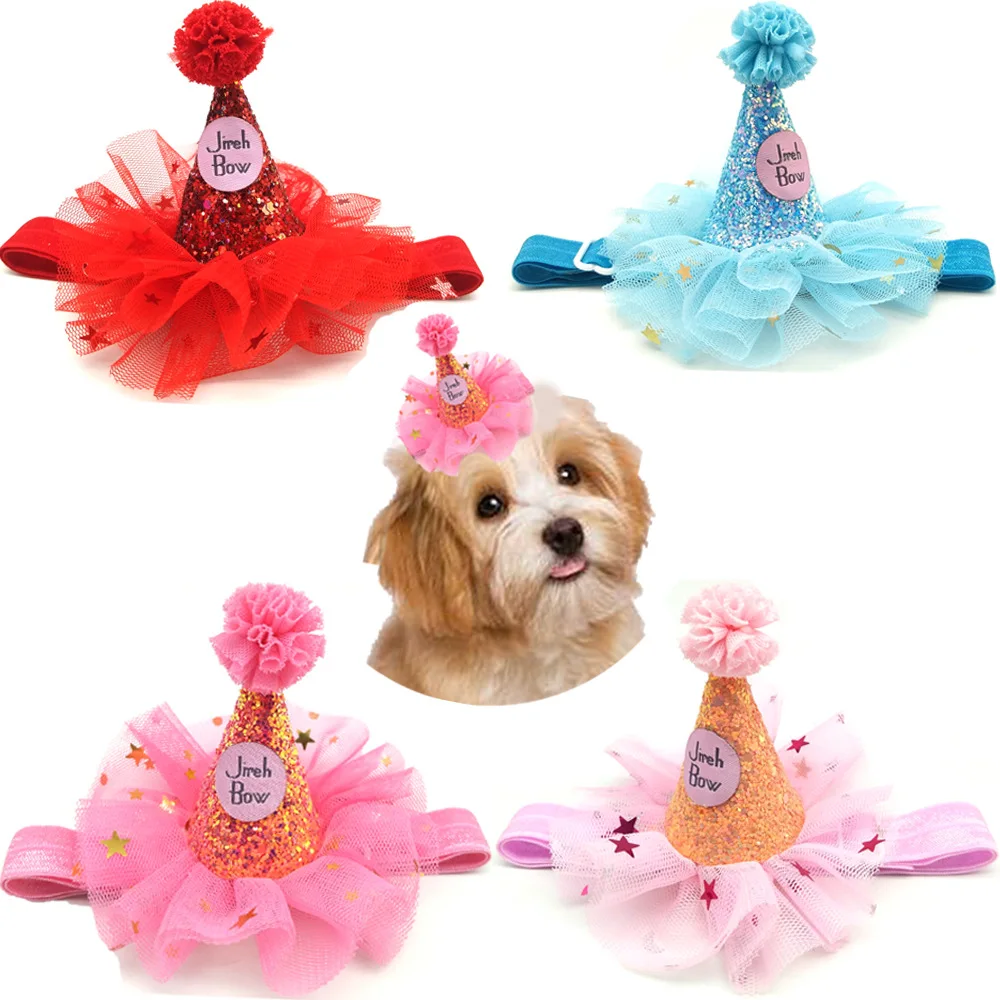 

Pet Birthday Hat Tulle Glitter Birthday Cone Pet Headband Headwear For Dogs Cats Party Dress Up Hair Accessories Blue Pink Red