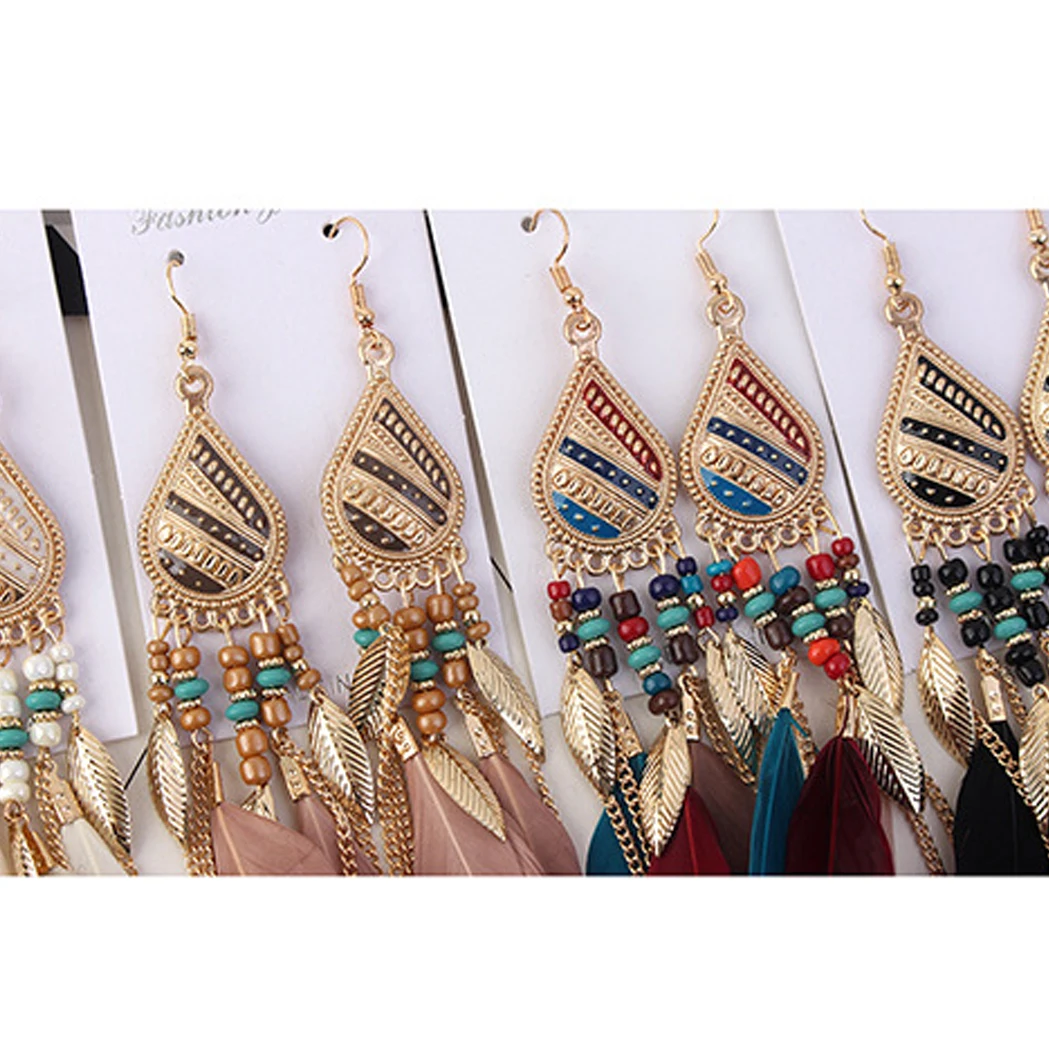 Яркие винтажные богемные серьги в форме капли воды с перьями сказочные индийские