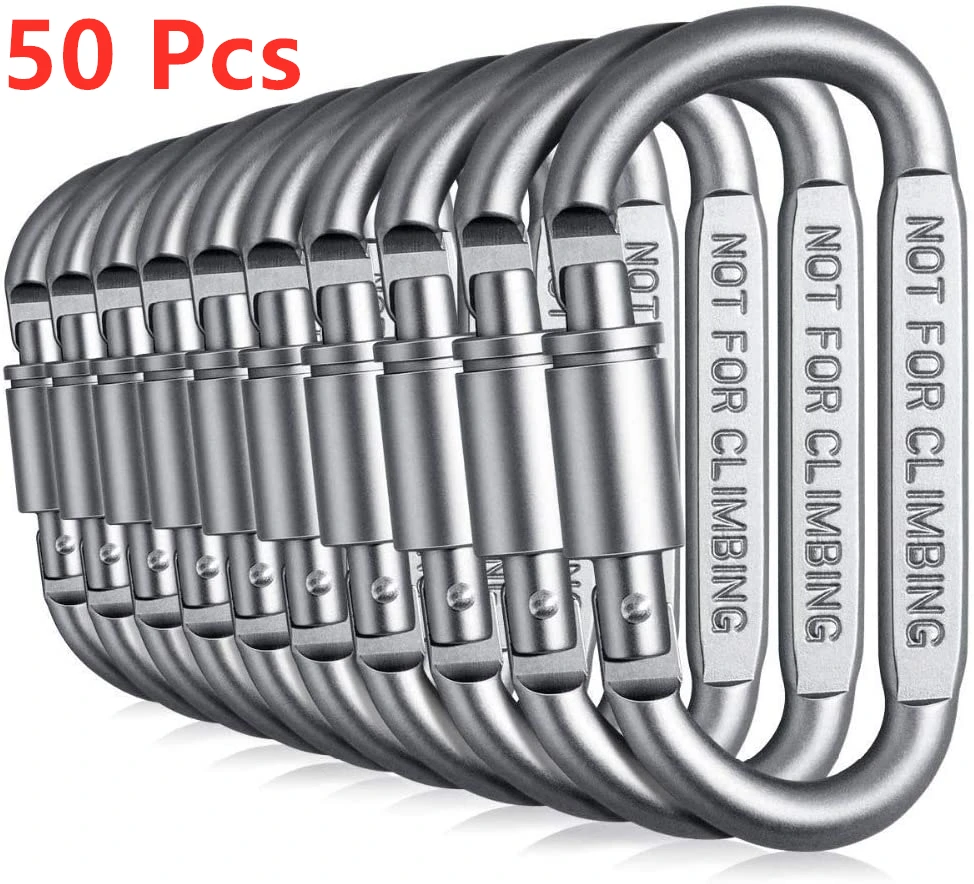 50 Pack Locking Carabiner Clip, Spring Loaded Aluminum D Ring Light Weight, for Outdoor Camping, Organizing, Keychain, Gate Lock