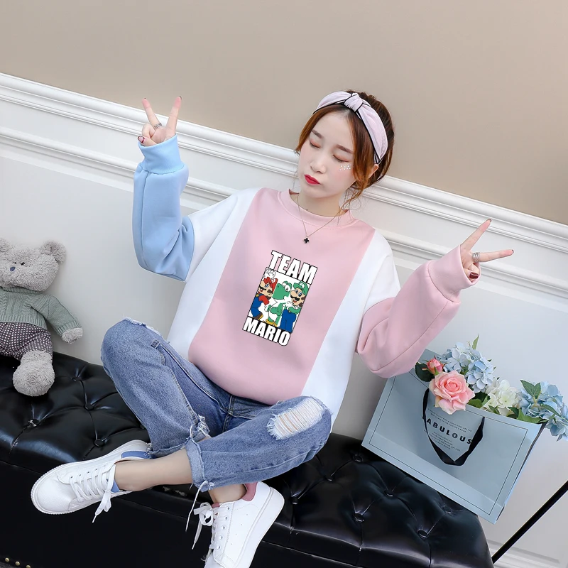 

Mario Cartoon Print Hoodies Sweatshirt Women Fleece Colorblock Spliced O-neck Tops Casual Harajuku Kawaii Funny Pullover Clothes