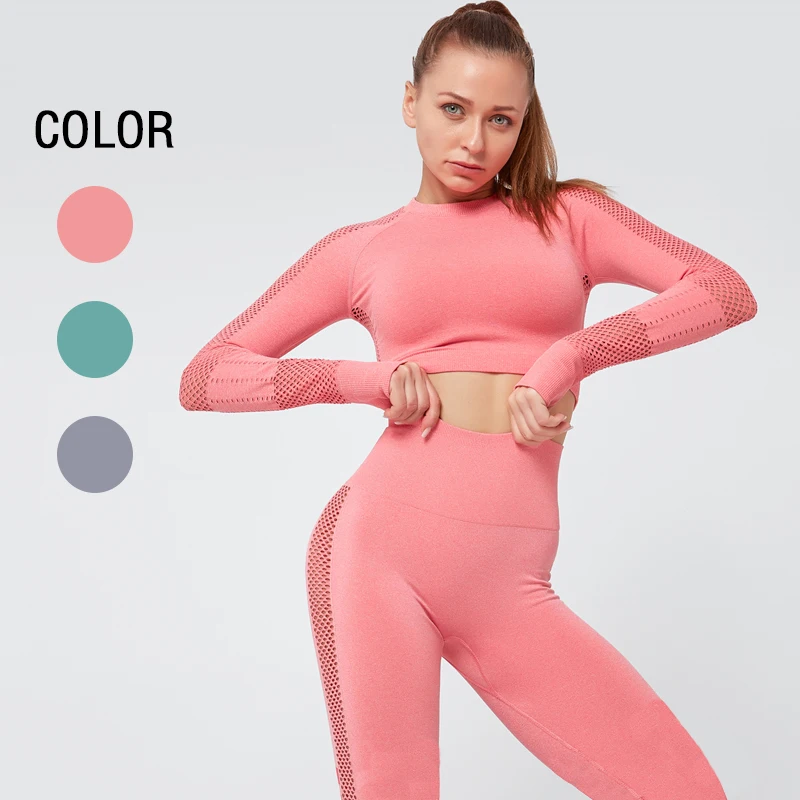 Women Sportswear Yoga Set Workout Clothes Athletic Wear Sports Gym Leggings Seamless Fitness  Crop Top Long Sleeve Yoga Suit