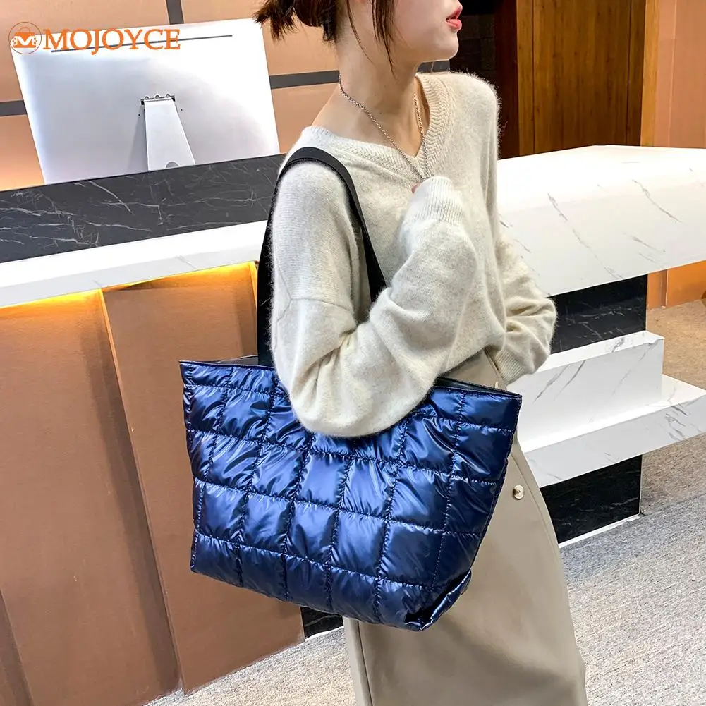

2022 New Winter Lattice Pattern Padded Quilted Shoulder Bag Women Space Cotton Hand Bag Female Shopper Bag Large Tote Bags bolso