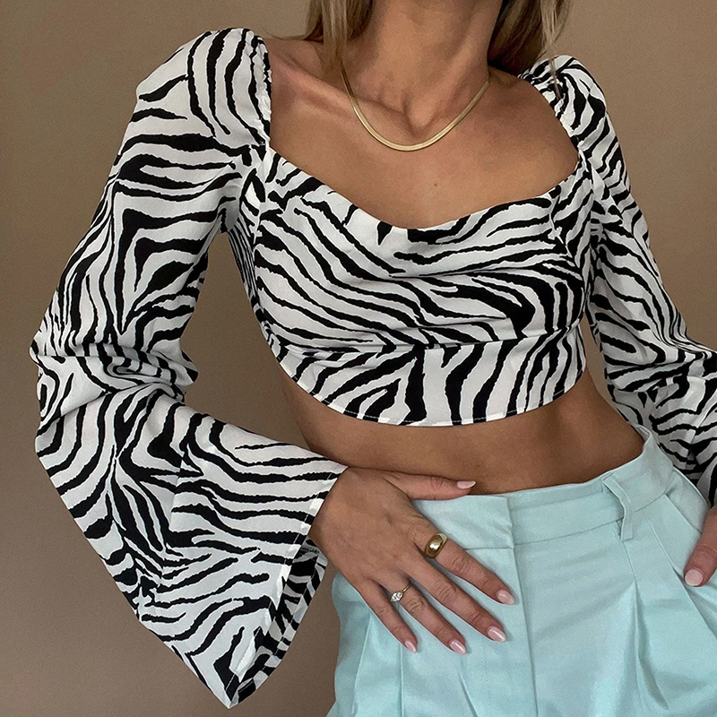 

Zebra Print Elegant Sexy Ladies Blouse Backless Lace Up Fashion Autumn Club Party Long Sleeve Shirts Crop Tops