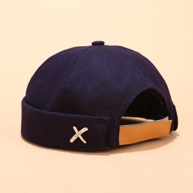 

Men Women Skullcap Sailor Cap X Rivet Embroidery Warm Rolled Cuff Bucket Cap Brimless Hat Solid Color Adjustable Cotton Hats