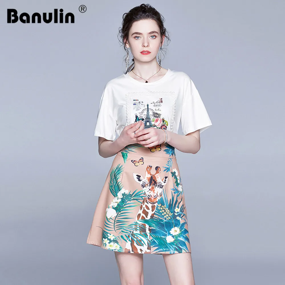 

Banulin 2020 Summer Fashion Designer Skirt Suits Women's Short Sleeve Top and Animal Floral Print MIni Skirts 2 Two Pieces Set