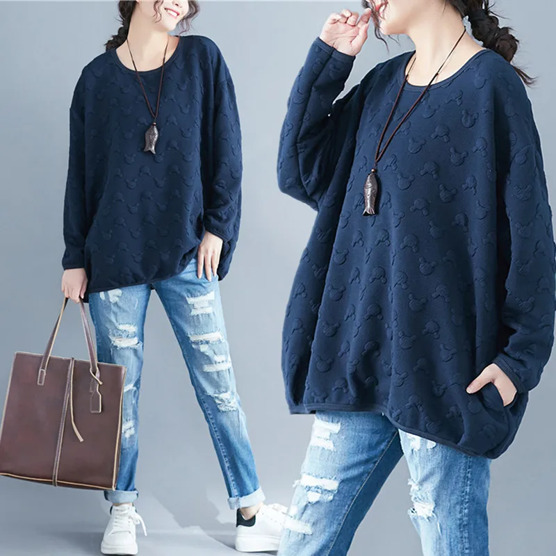 Женская толстовка с объемным рисунком в горошек Повседневная Свободная хлопковая длинным рукавом большие