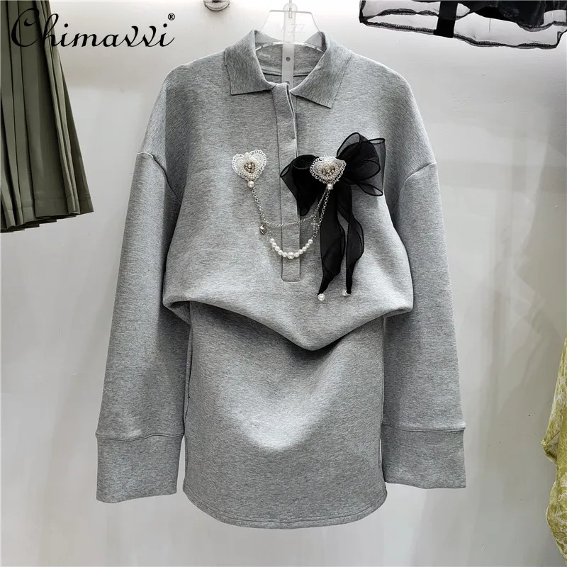 

Casual Fashion Gray Sports Suit Skirt for Women 2021 New Early Autumn Elegant All-matching Chains Top Two Piece Set