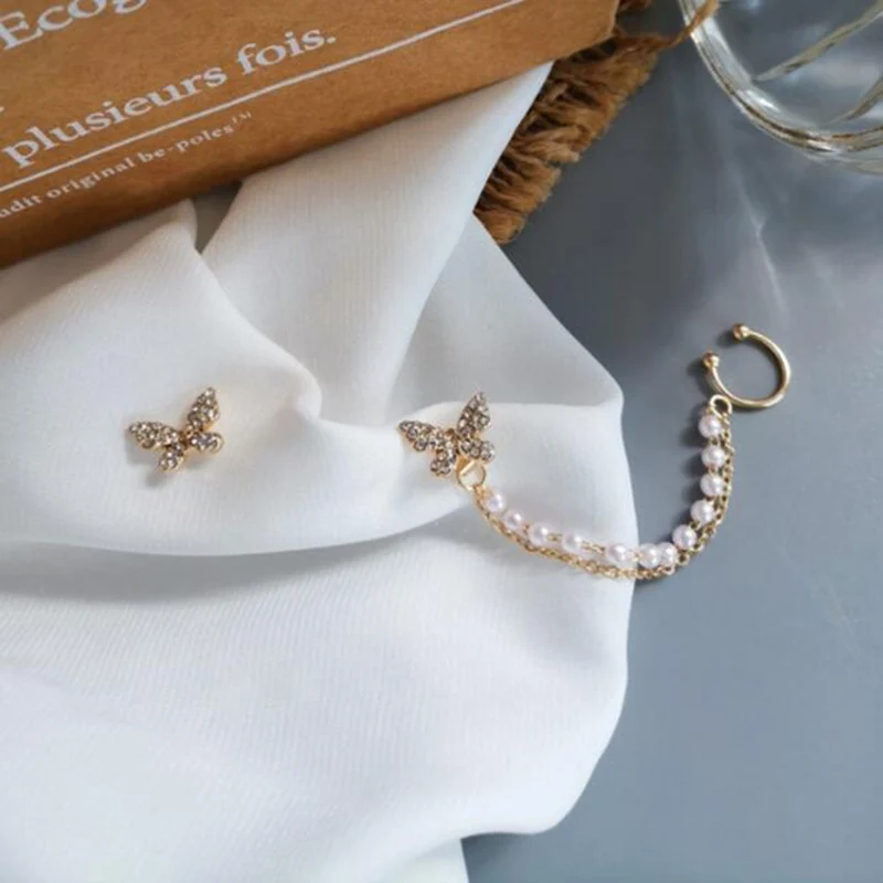 

1Pc Retro Metal Chain Rhinestone Butterfly Stud Earrings For Women Girls Boucle Korean Pearls Earrings D'oreille Party Jewelry