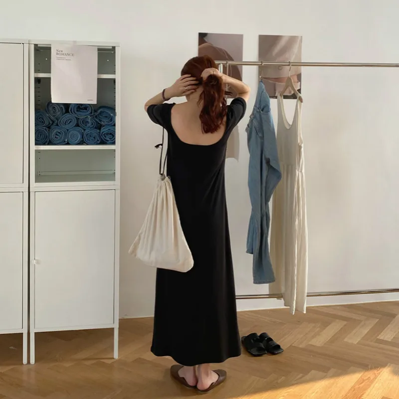 

Summer Vintage Square Collar Sexy Backless Long Bodycon Dress for Women Elastic Solid Color Casual Sundress