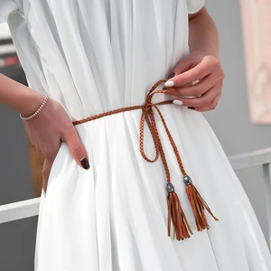 Hand-Knitted Long leather Designer Braid Tassel Belts 130cm Women Thin Waist Rope Belts for Dress PU