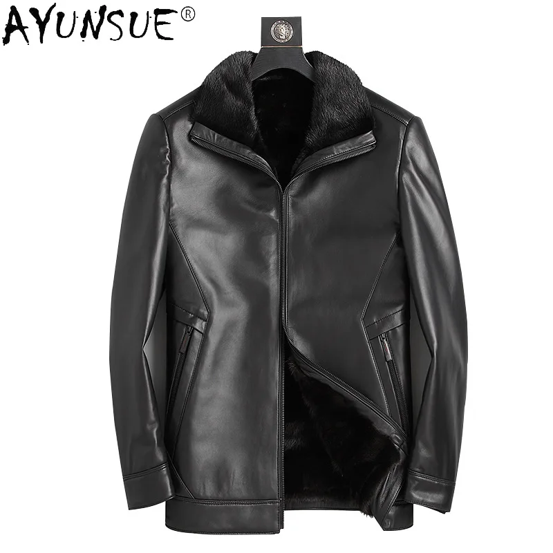 

AYUNSUE Winter Genuine Sheepskin Leather Men Jackets Real Mink Fur Collar Coat Male Black Warm Thick Men's Jacket Jaquetas Gmm19