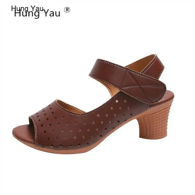 

Hollow-Carved Women Sandals Summer Leather Sandals Comfortable Platform High Hoof Thick Heels Black Hook-Loop Shoes Size 35-40