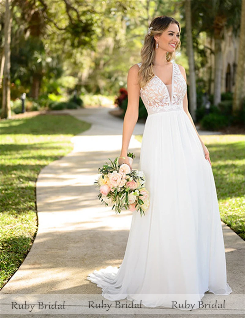 Рубиновые сексуальные дешевые пляжные свадебные платья белое шифоновое летнее