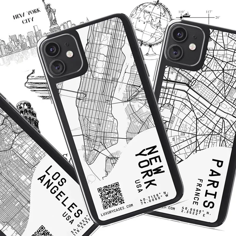 

Ins Exclusive City Map Phone Case For iPhone 11 12 Pro Max 6 7 8 Plus X XR XS Max Sketch Letter Clear Soft Silicone Cover Cases