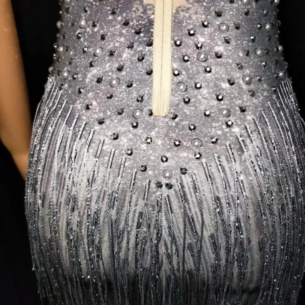 

Women Sexy Gray Glitter Beads Rhinestone Backless Maxi Long Dress Birthday Party Celebrity Evening Gown Female Stage Costume