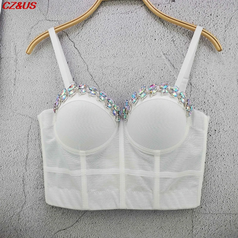 

2021 Fashion Tops Sexy new arrival beading Bra Mesh Push Up Bralet Women's Corset Bustier Bra Night Club Party Cropped Top Vest