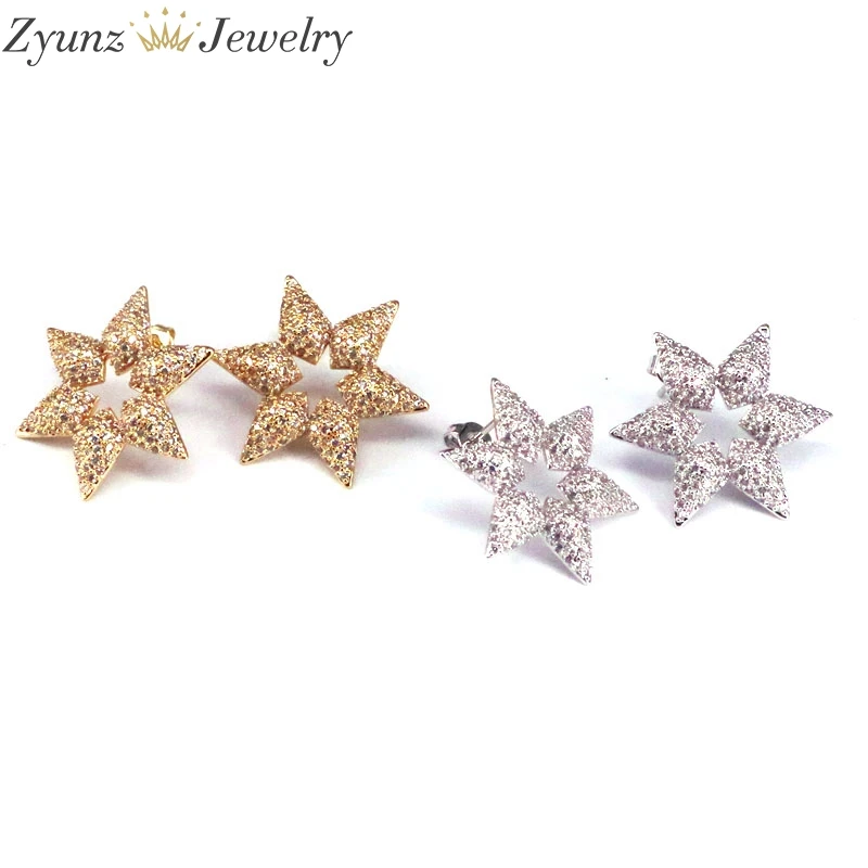 

3 Pairs, Gold Silver Color CZ Micro Pave Star Flower Stud-Earrings Wedding Jewelry Brincos Romantic Zirconia for Girl Women Gift