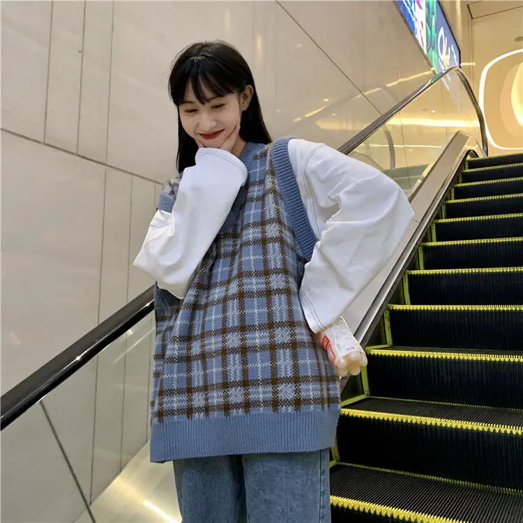 

Vest Women Plaid Vintage Harajuku Stylish Street-wear V-neck Sleeveless Sweaters Students Korean-style Loose Casual Fashion Chic