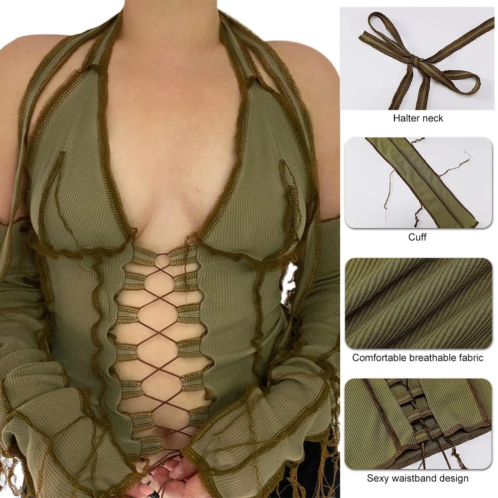 

Backless Halter Ribbed Tie Front Top Women Long Sleeve Hollow Out Lace Up T-Shirt Patchwork Sexy Hot Bodycon Crop Top Female Y2K