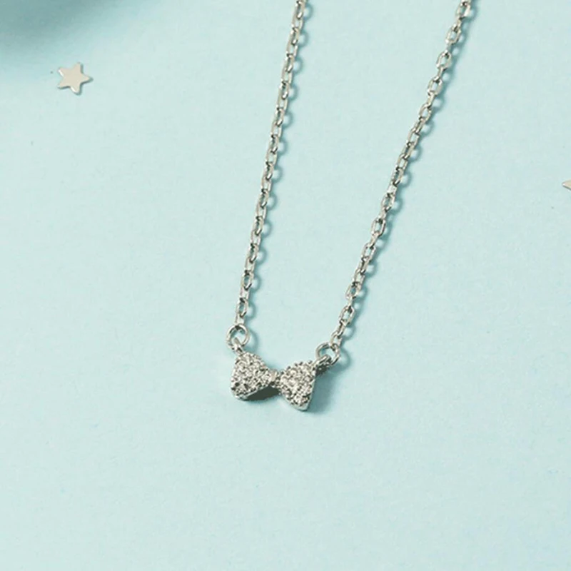 

KOFSAC Elegant Cute Small Bow-knot Necklace For Girl Birthday Gift Fashion 925 Sterling Silver Jewelry Clavicle Chain Zircon