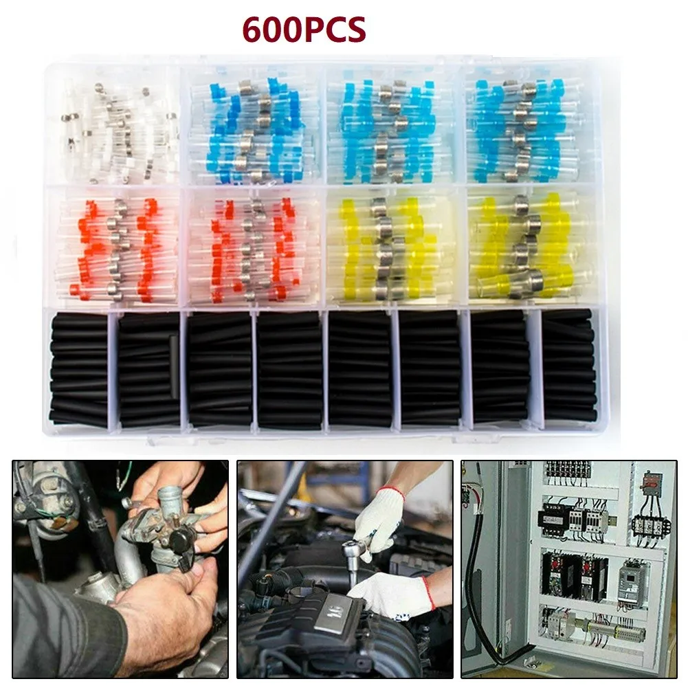 

600pcs/Set Heat Shrink Butt Crimp Terminals Waterproof Solder Seal Electrical Connectors Wire Cable Splice Kit Automotive Marine