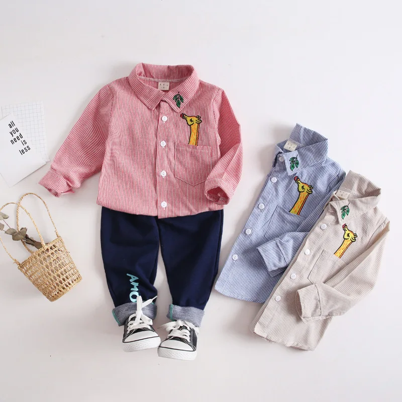 

Children Gentleman Cloth Suit Baby Boys Girls Autumn Cartoon Striped Lapel Shirt Pants 2pcs/sets Infant Casual Kids Clothing Set