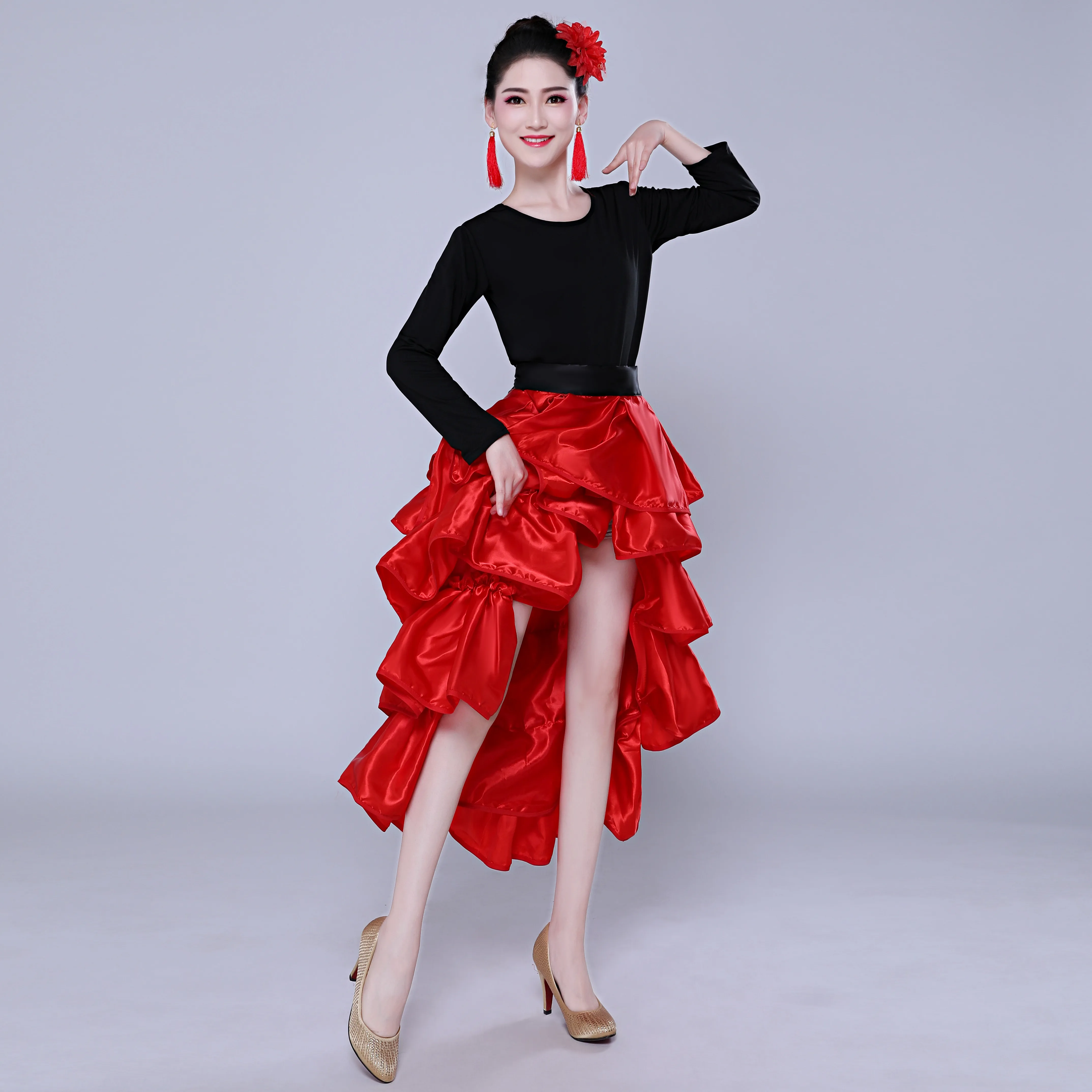Female Party Ballroom Dance Dress Spanish Flamenco Triangle Skirt Women Split Red Stage Belly Dance Wear Skirt DL5154