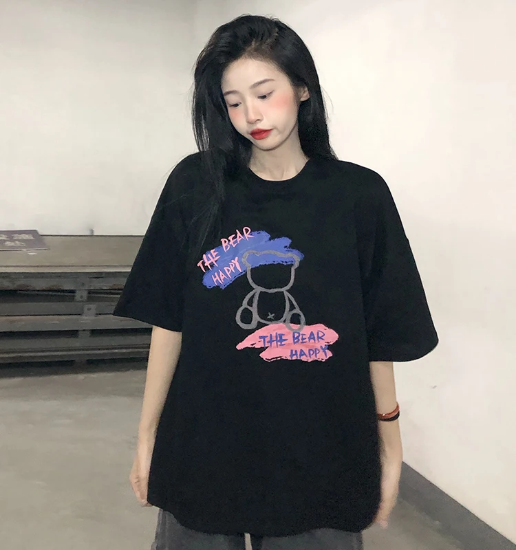 

2551 Korean version of 2021 new loose and fun printing white student short-sleeved T-shirt